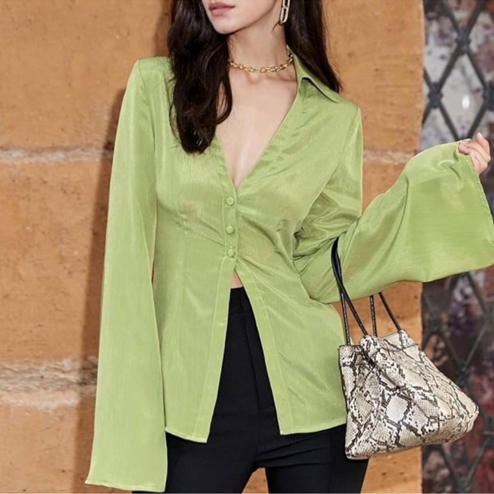 Women’s Casual Slim Fit Long Sleeve Lime Green Shirt Sz L